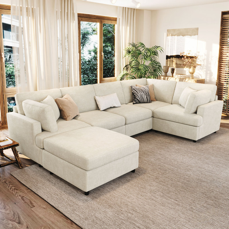 Canapé modulaire en U avec repose-pieds mobile, Chenille beige
