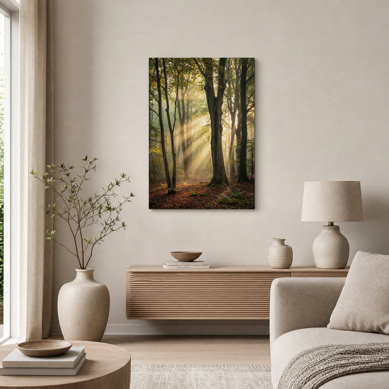 Toile dorée à travers de grands arbres forestiers, art mural, H 48 po x l 36 po