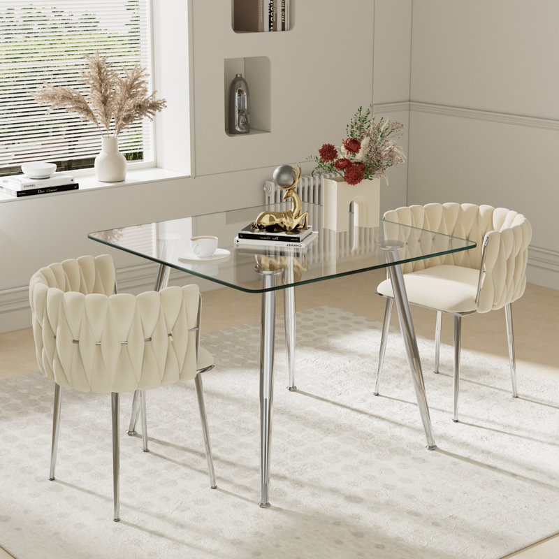 Ensemble de salle à manger à piédestal carré avec chaise tissée, Beige