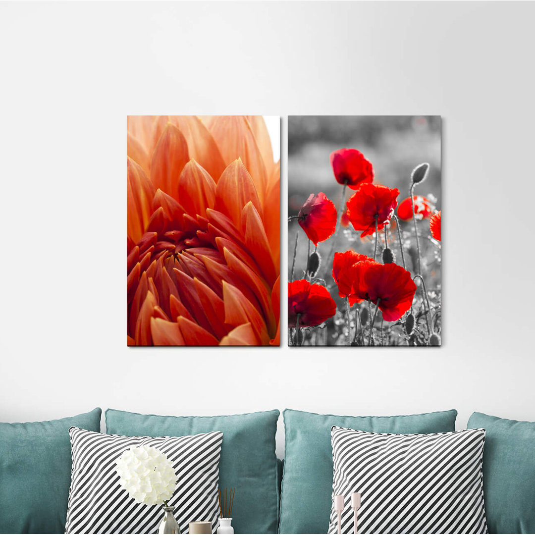 2-tlg. Leinwandbilder-Set - Fotografie „Dahlia Poppies Red Flowers Summer Heat”