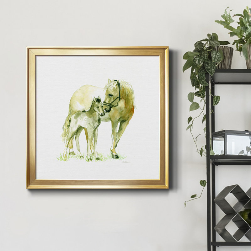 Cheval et poulain - peinture sur toile encadrée, H 26,5 po x l 26,5 po x P 1,5 po, Encadrement doré