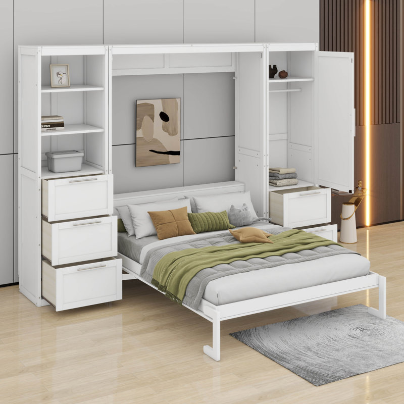 Grand lit escamotable avec tiroirs et tablettes, Blanc