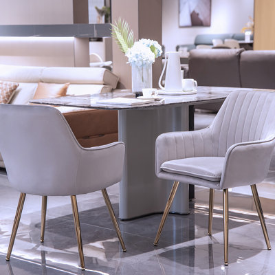 Ensemble de deux chaises de salle à manger modernes à dossier moyen avec pieds plaqués or et sièges rembourrés, idéales pour les espaces de vie