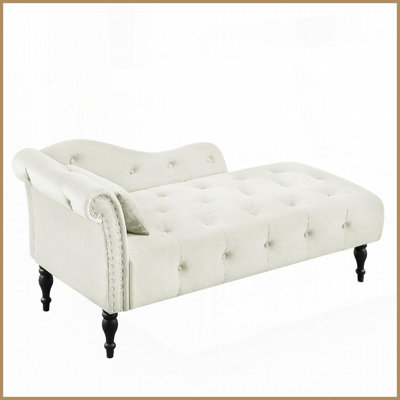 Aijia 60.6" White Velvet Chaise Lounge with Tufted Buttons &amp; Nailhead Trim - Solid Wood Legs &amp; Pillow, Left Arm - Elegant Living Room Accent