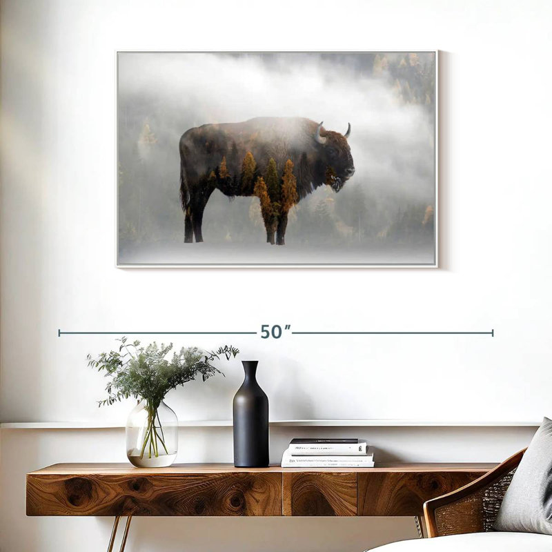 Bison de la forêt de pins, Cadre flottant blanc, 37 po x 25 po