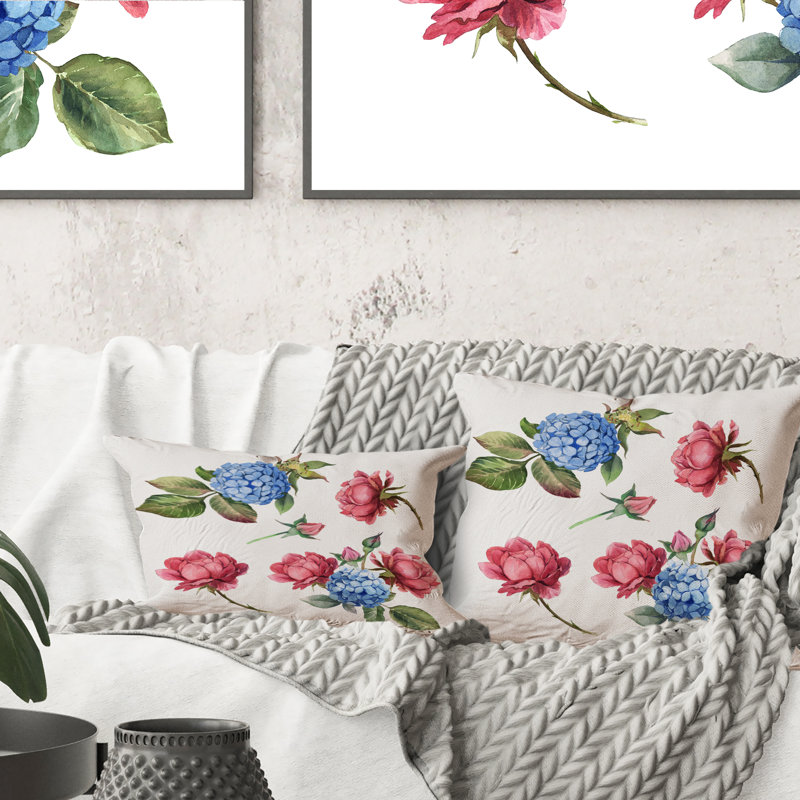 Coussin décoratif imprimé rose traditionnel rose et bleu avec feuilles, 16 po x 16 po
