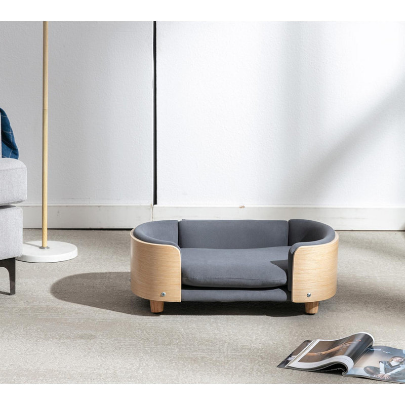 Petit canapé pour chien en velours avec pieds en bois massif et dossier en bois courbé de style scandinave, Gris foncé