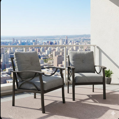 Ensemble de 2 fauteuils en métal toutes saisons, structure kaki avec coussins gris