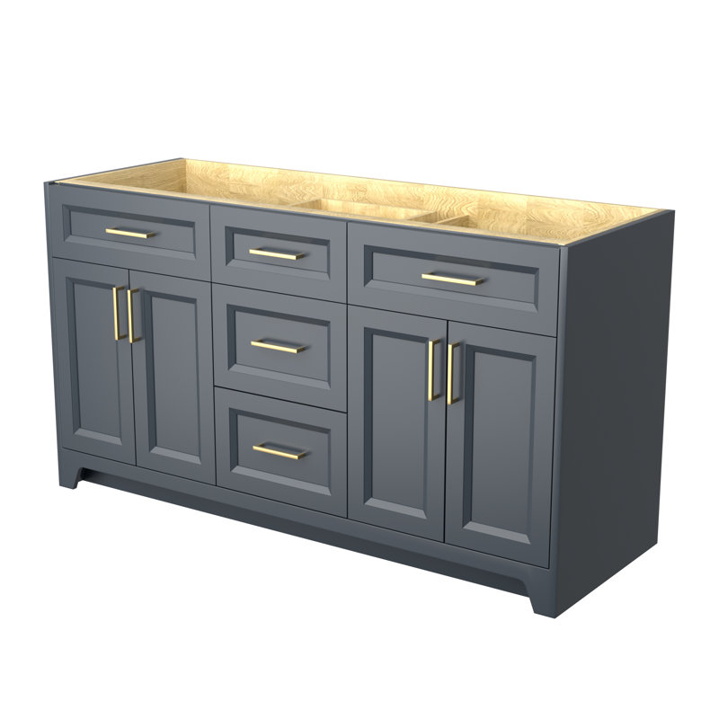 Base de meuble-lavabo double 60 po en bois massif bleu marine avec portes à fermeture douce