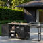 Îlot de cuisine extérieur avec table de barbecue pliable, rangement pour poubelle, plateau en acier inoxydable, grande armoire de rangement et tablettes ouvertes-121847343