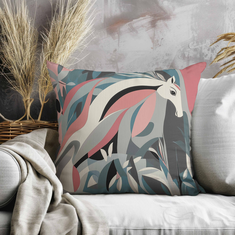Coussin Mythical Horse, Bleu / rose / gris, Carré 26 po