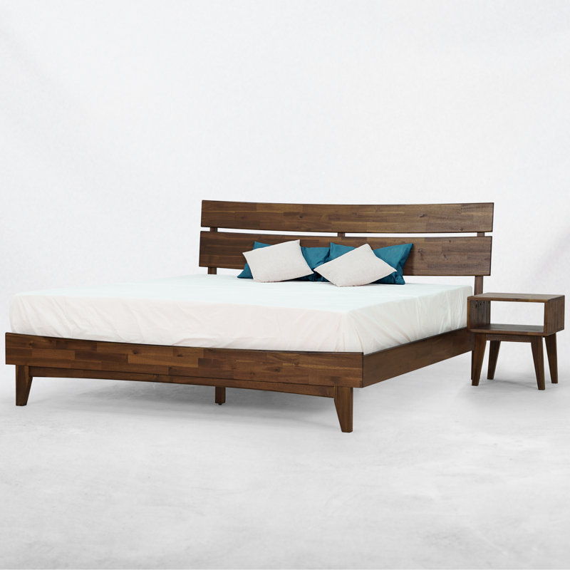 2-Pcs Bedroom Set – Solid Wood Queen Platform Bed Frame & Matching Nightstand, Mid-Century Modern, Walnut Finish, 800 lbs Capacity, No Box Spring Needed