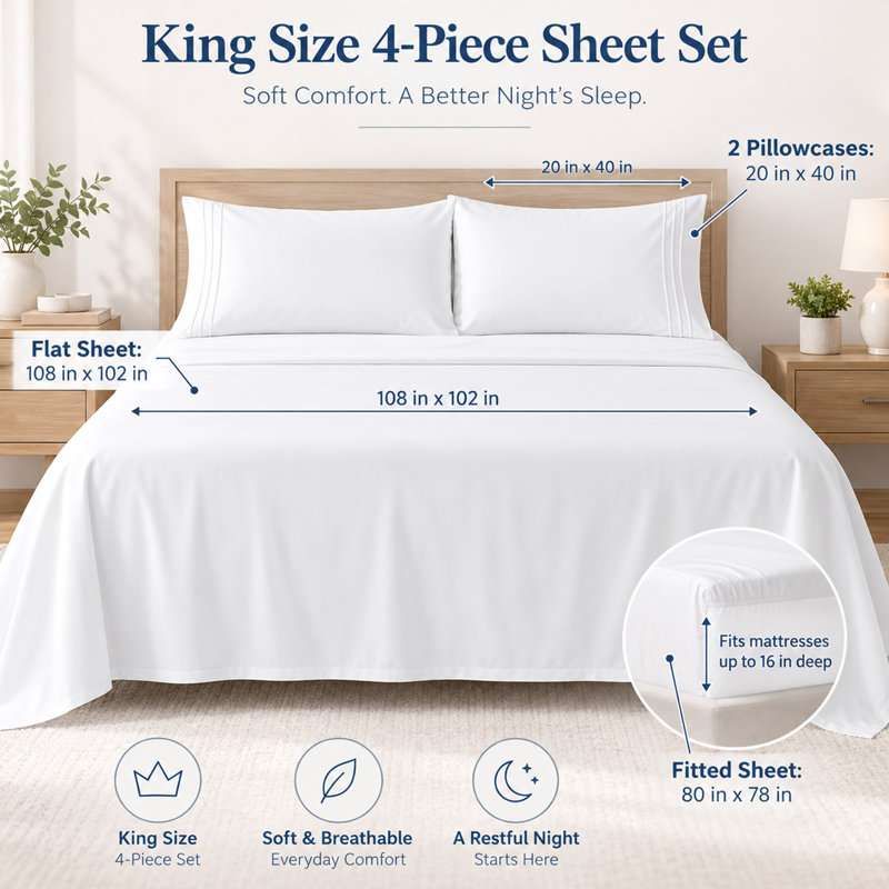 Ensemble de draps 4 pièces en microfibre brossée avec poche profonde de 16 po, gris foncé, King Sheet Set with 2 Pillowcases