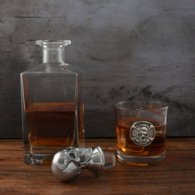 Skull Glass Whiskey Decanter with Pair of Glasses
