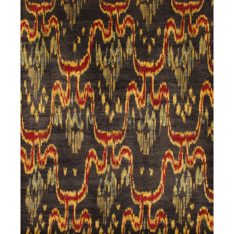 Hand Knotted Wool Ikat Area Rug in Black/Red/Yellow, Rectangle 8' x 9'10"