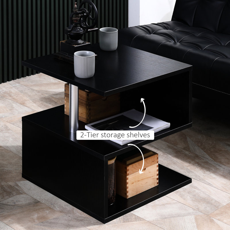 20" Modern Coffee Table With Storage, S-Shaped Black Elegance, Steel Pole Balance Accent Side S-Shaped, Finish, Structured Stability