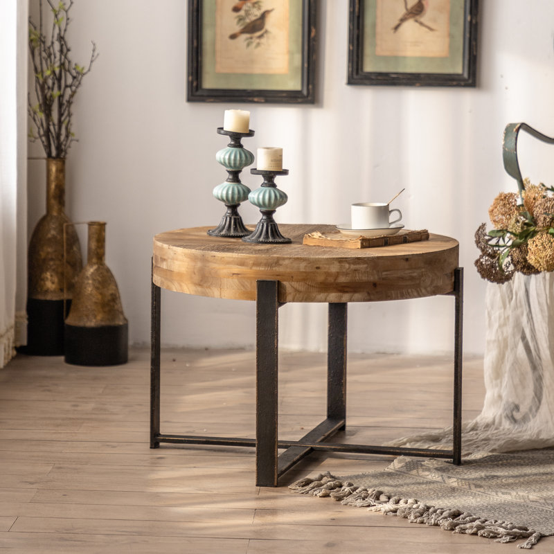 Napa Round 32 in. Natural Wood Coffee Table-Golden feet, 17" H x 24" L x 24" W, Black