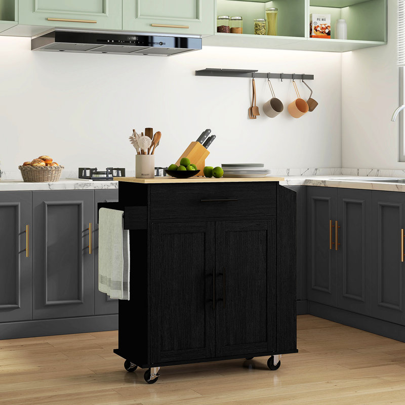 Îlot de rangement pour chariot de cuisine, prises de courant alternatif et ports, support pour micro-ondes avec support à épices pour serviettes, îlot de couleur noire et chariot roulant, support
