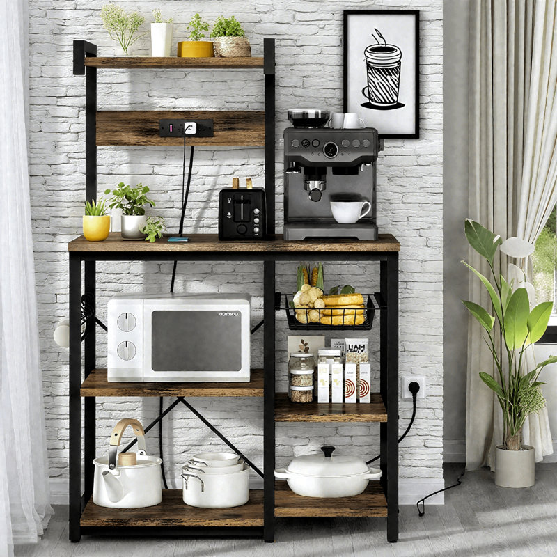 Kitchen Bakers Rack With Power Outlet, Industrial Microwave Oven Stand Coffee Bar Station With 5 S-Hooks, Freestanding Kitchen Storage Organizer With Open Shelves For Spices, Cups, Pots