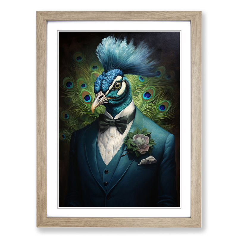 Peacock In A Suit Painting No.2 - Framed Print, 64cm H x 46cm W x 2cm D, Oak Framed
