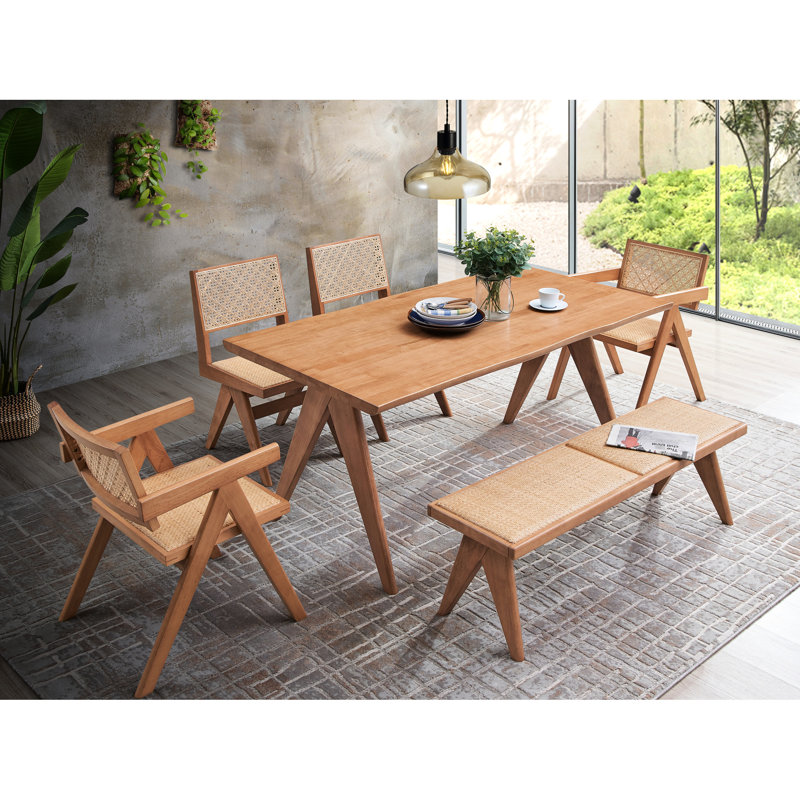 5 pièces pour salle à manger d'extérieur, finition naturelle, bois synthétique, dimensions de la table, informations sur le siège de la chaise d'appoint, roulement, capacité, assemblage pour installation avec patio et finition en bois sans banc. P 33 po x l 63 po x H 30 po