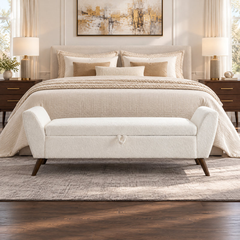Banc de rangement moderne de 152 cm avec pieds en bois, banc de bout de lit, Cream