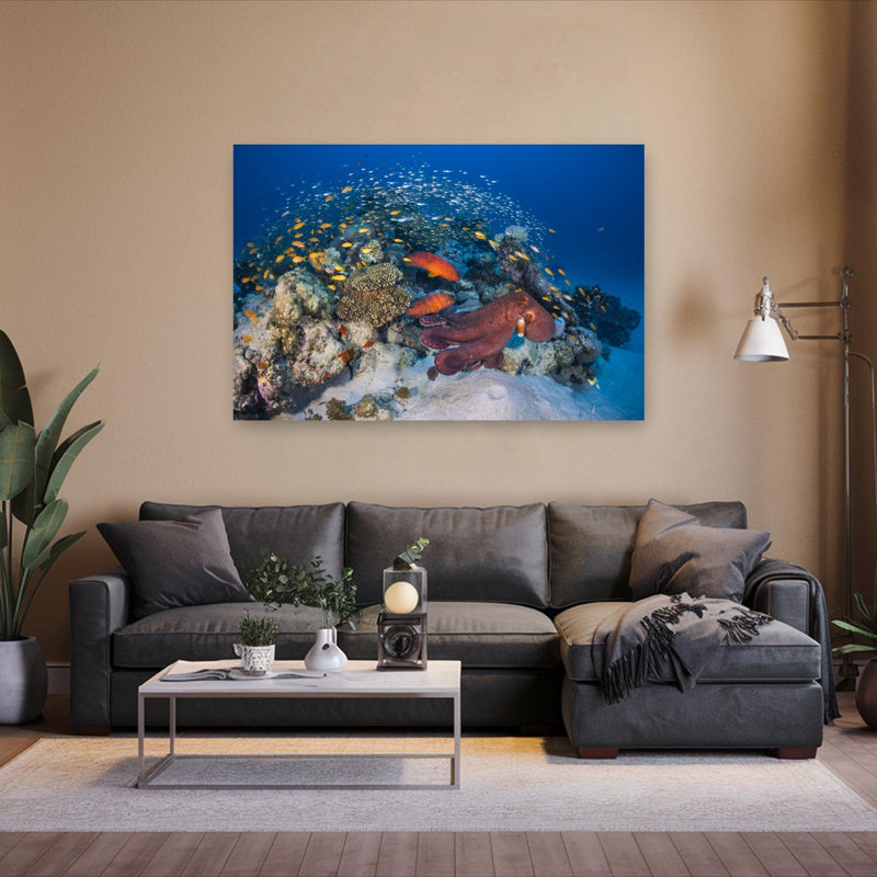 Vibrant Reef Octopus Colorful Vibrant Fish Octopus Nature Ocean Wall Art Print 1 Piece Wrapped Canvas Wall Art