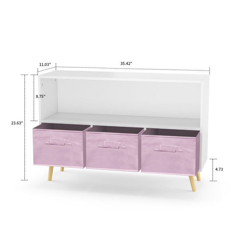 Judene Wooden Bookcase with Three Removable Fabric Drawers, White/Pink
