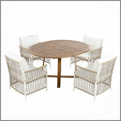 Modern 5-Piece Patio Extendable Wooden Dining Table Set, 12inch Butterfly Leaf Foldable Round Kitchen Table Set with 4 Rattan Arm Chairs for Backyard,Balcony, Garden, Poolside, Natural