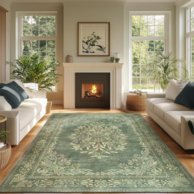 Vintage Floral Distressed Design Non-Slip Low-Pile Soft Thin Faux Wool Area Rug