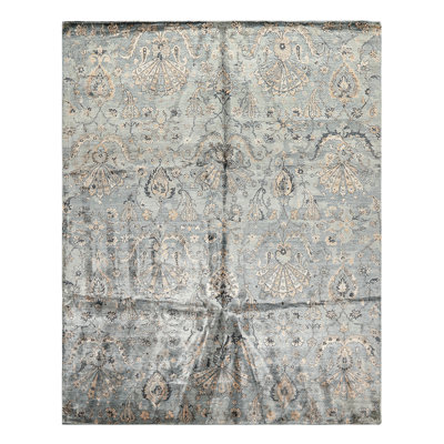 Tapis tibétain en soie noué à la main 7 pi 11 po x 9 pi 11 po Aqua Taupe