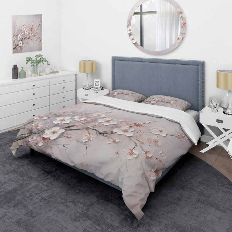 Ensemble de housse de couette rose et gris Cherry Blossom - Flowers, Housse de couette pour grand lit et 2 taies décor