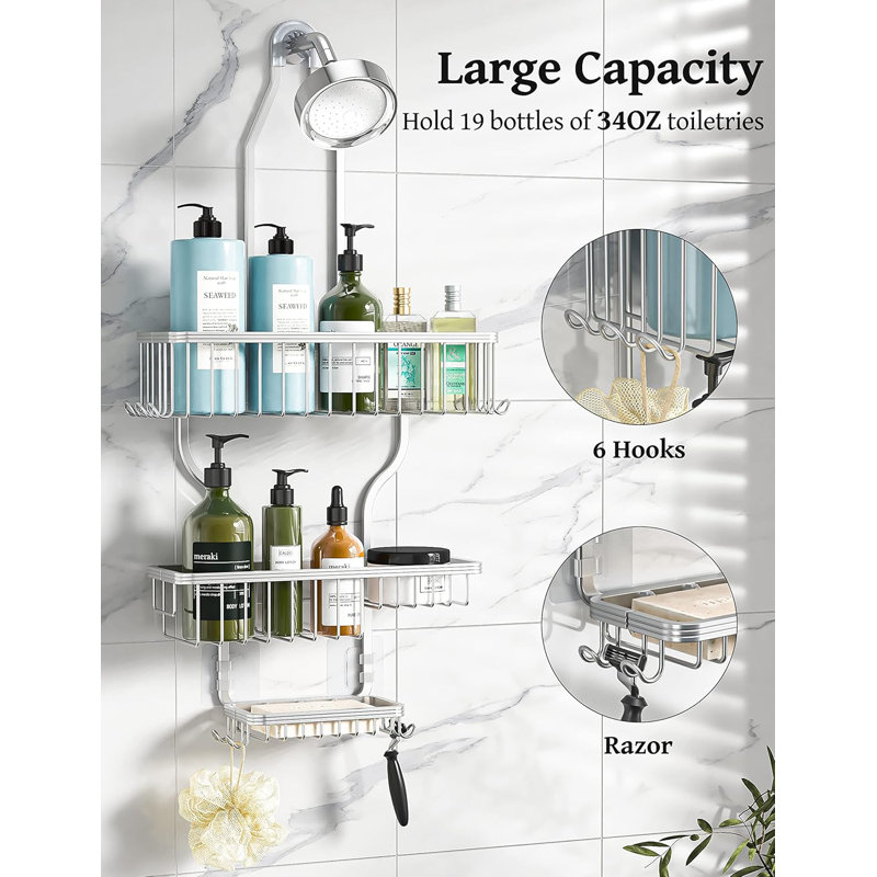 Shower Caddy Hanging - Never Rust Shower Organizer - Aluminum Over The Shower Head Caddy with 10 Hooks for Razor/Sponge