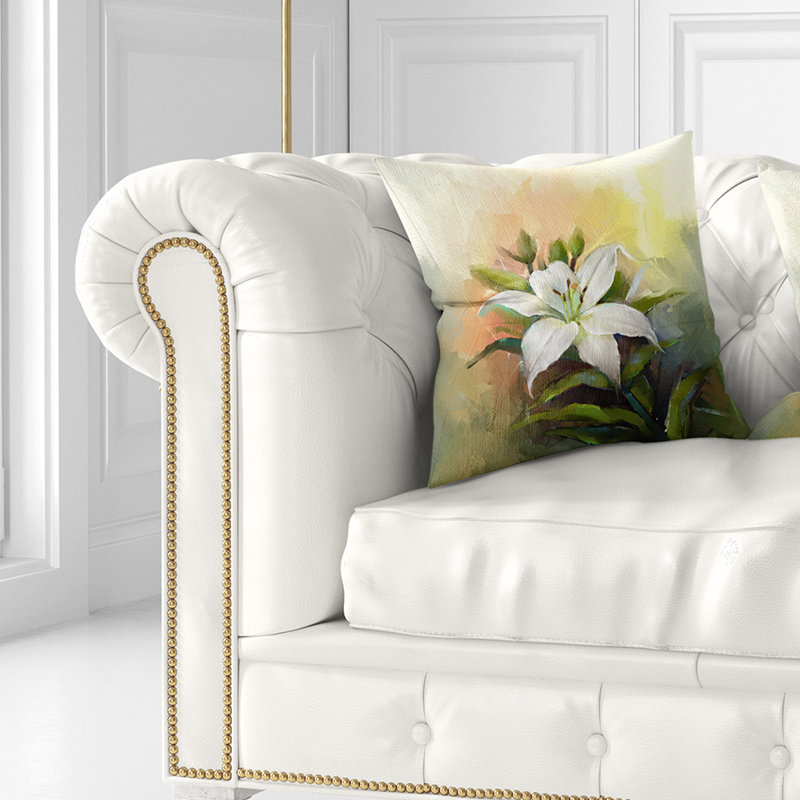 Huile de fleur de lys blanc - coussin à imprimé floral, 18 po x 18 po, Coussin décoratif