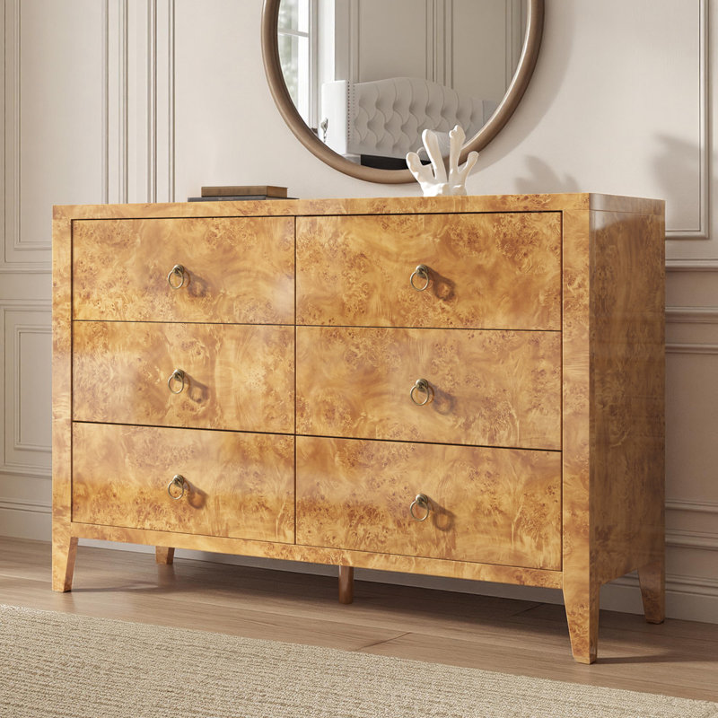 Dorne Modern High Gloss Burl 6-drawer Wide Dresser, Yellow, Yellow