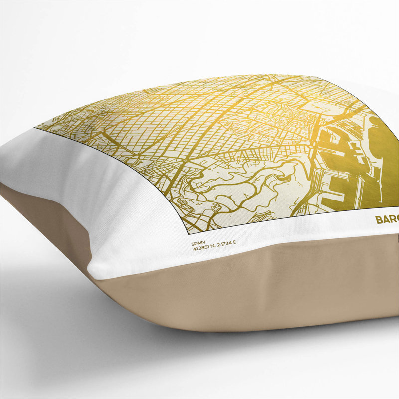 Map Barcelona Spain Gold Plate Square Throw Cushion, 55cm H x 55cm W x 20cm D, Stone