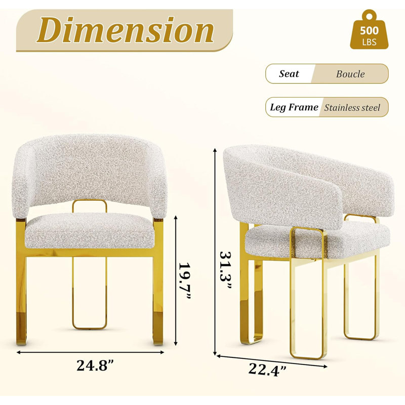 Dining Chair With Arms, Luxury White Boucle Barrel Dining Room Chair Polished Gold U-Shaped Legs For Kitchen, Bedroom, Makeup Room