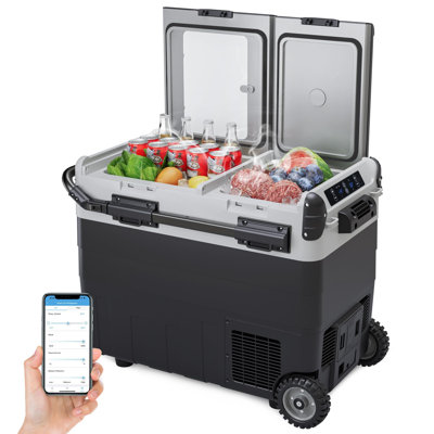 53QT 12V Portable Car Refrigerator Freezer. -4℉-68℉. BT Control. Fast Cooling. Dual Zone. Wheels for Camping RV Truck Travel