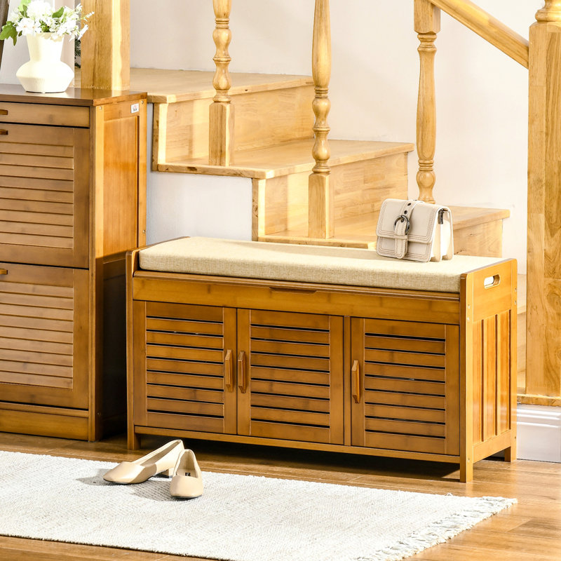 Shoe Bench With Storage Cabinets, Bamboo Entryway Bench With Seating Cushion, 3 Doors And Hidden Compartment For Hallway, Brown