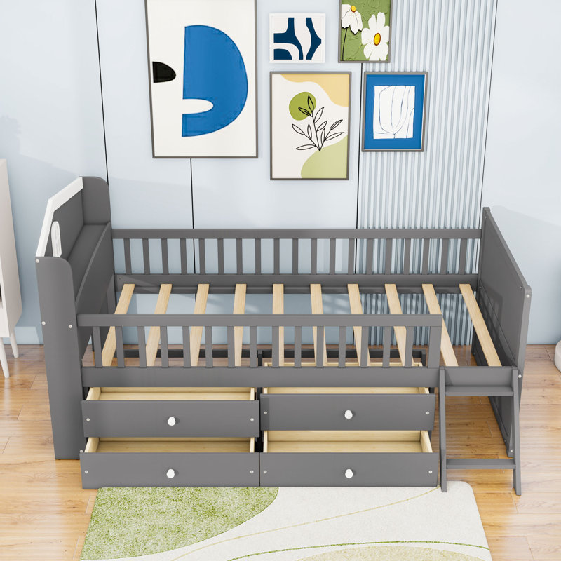 Lit plateforme simple en bois 4 tiroirs avec garde-corps, échelle et tablettes, Gris