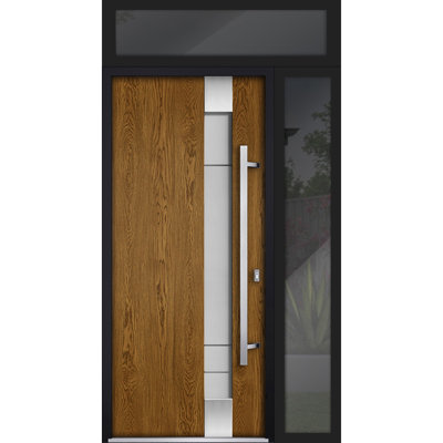 Front Exterior Prehung Steel Door Deux 1713 Natural Oak Side and Top Exterior Black Window Stainless Inserts Single Modern Painted-W36+12 x H80+16-Left-hand Inswing