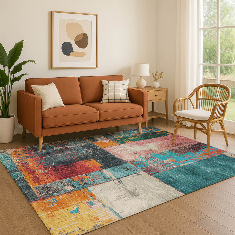 Tapis abstrait lavable à la machine de qualité supérieure Mayfield AMF1866, Rectangulaire 8 pi x 10 pi