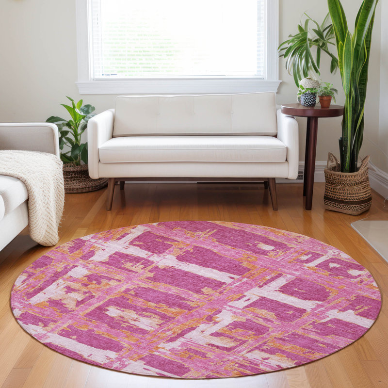 Tapis rosé de qualité supérieure lavable à la machine Prisco, Rond 8 pi