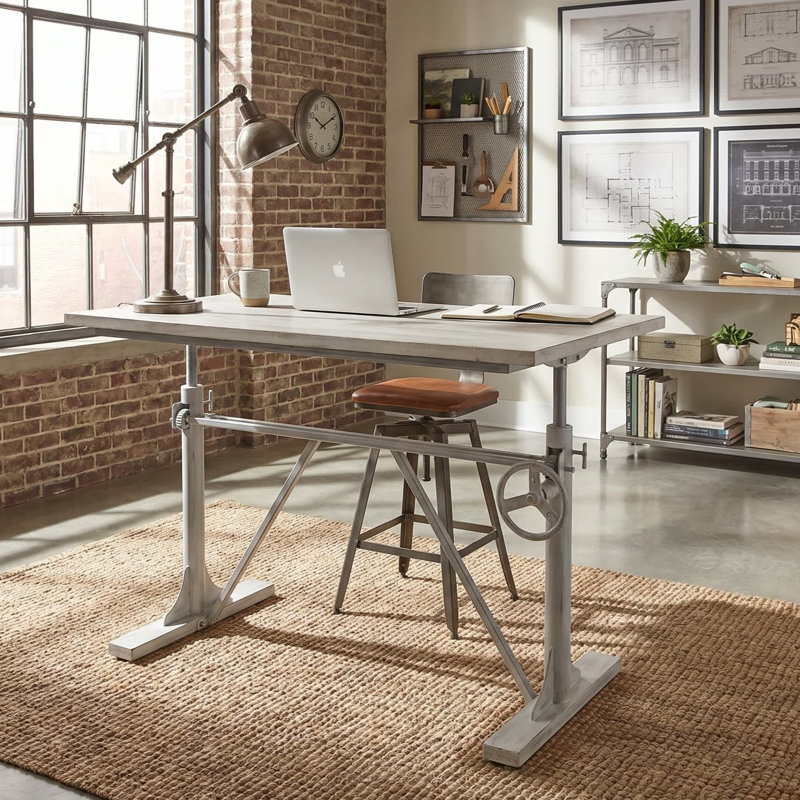 Modern White 48" x 30" Adjustable Crank Writing Desk, White Wash