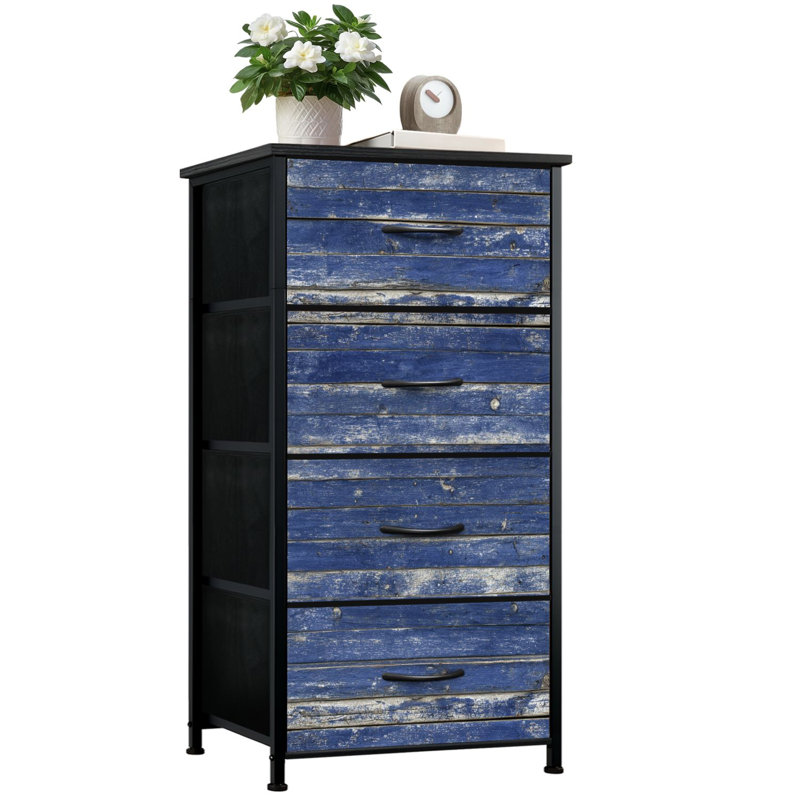 Commode à 4 tiroirs avec rangement vertical et planches en bois récupéré négatif bleu marine alignées