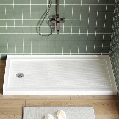 Receveur de douche à seuil unique 60 x 32 pouces, receveur de douche en ABS avec surface texturée antidérapante, bonde à gauche, receveur de douche léger, installation facile, nécessaire de vidange inclus (blanc)