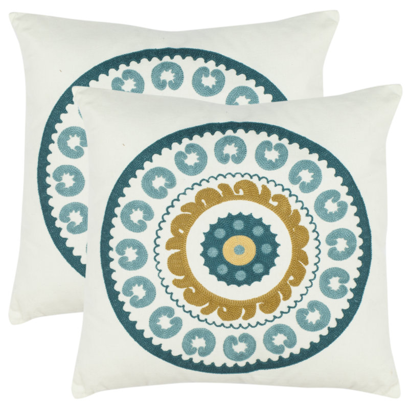 Embroidered Cotton Reversible Throw Pillow, Devin Turquoise