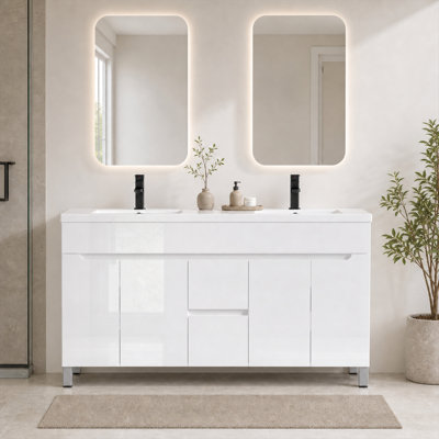 Meuble-lavabo autoportant 60 po à double cuve très brillant avec comptoir intégré, robinets et drains, peint résistant à l'eau, certifié EPA