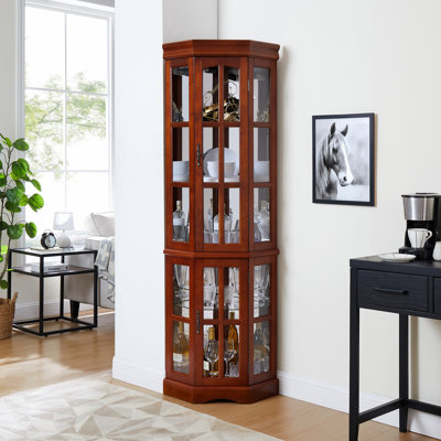 Vitrine de coin en noyer avec 5 tablettes et système d'éclairage à 5 tablettes