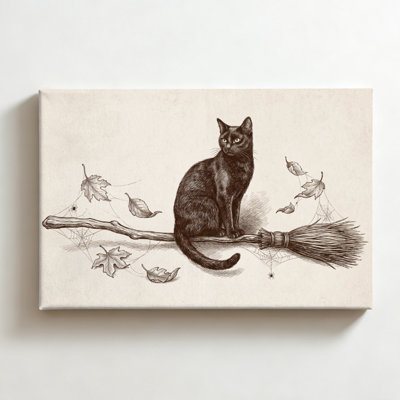 Chat noir sur un balai, gravure vintage sur toile, décoration murale automnale vintage pour salon ou chambre, 51 x 76 cm